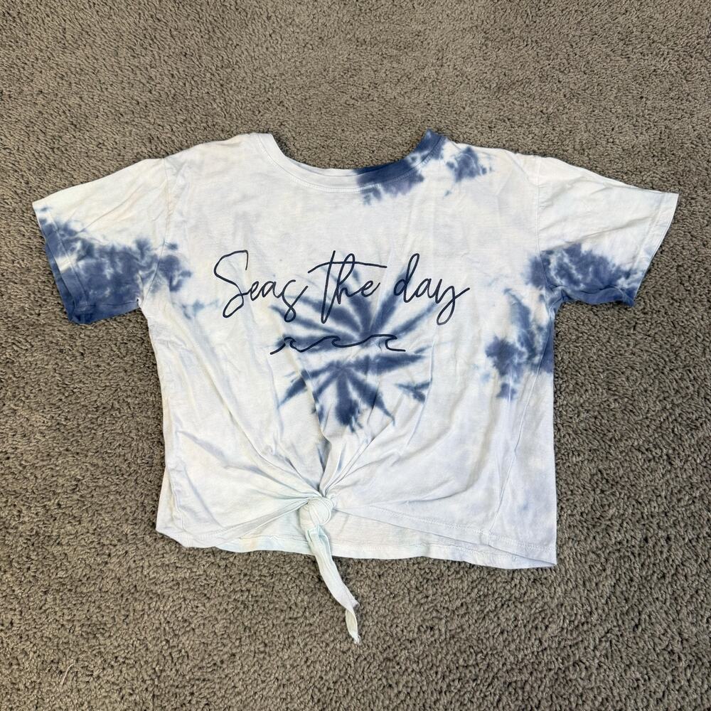 Southern Spirit Shirt Girls M Blue Cropped Tie Front Seas The Day Casual